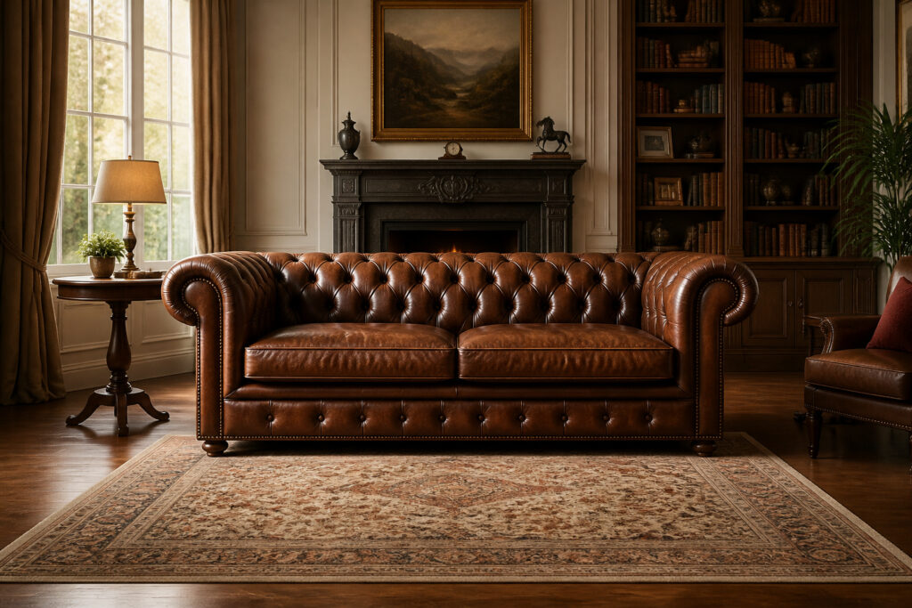 Canape chesterfield en cuir marron vieilli