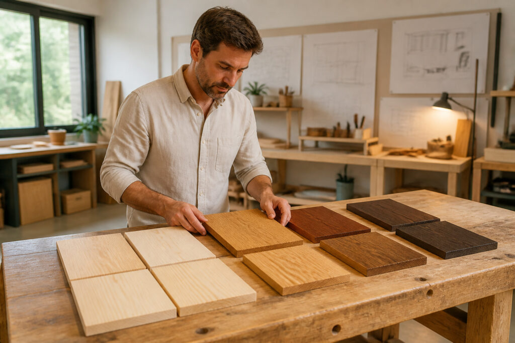 Artisan choisissant des echantillons de bois