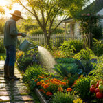 Arrosage du jardin au soleil couchant