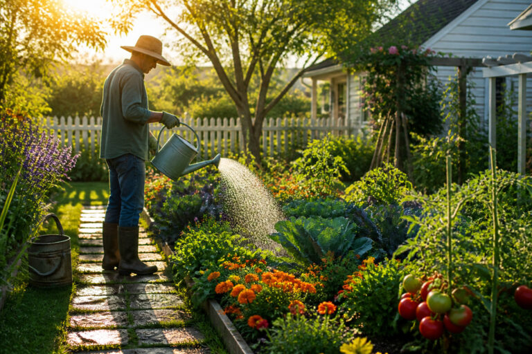 Arrosage du jardin au soleil couchant