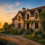 Maison europeenne abandonnee au coucher du soleil