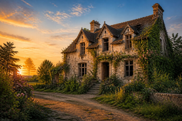 Maison europeenne abandonnee au coucher du soleil