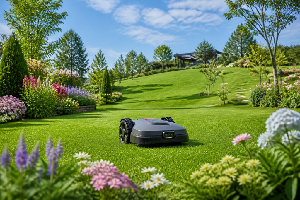 Robot tondeuse autonome dans un jardin luxuriant