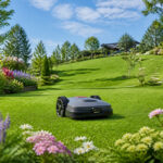 Robot tondeuse autonome dans un jardin luxuriant