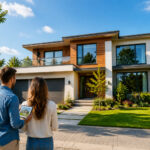 Couple futuriste devant leur maison moderne