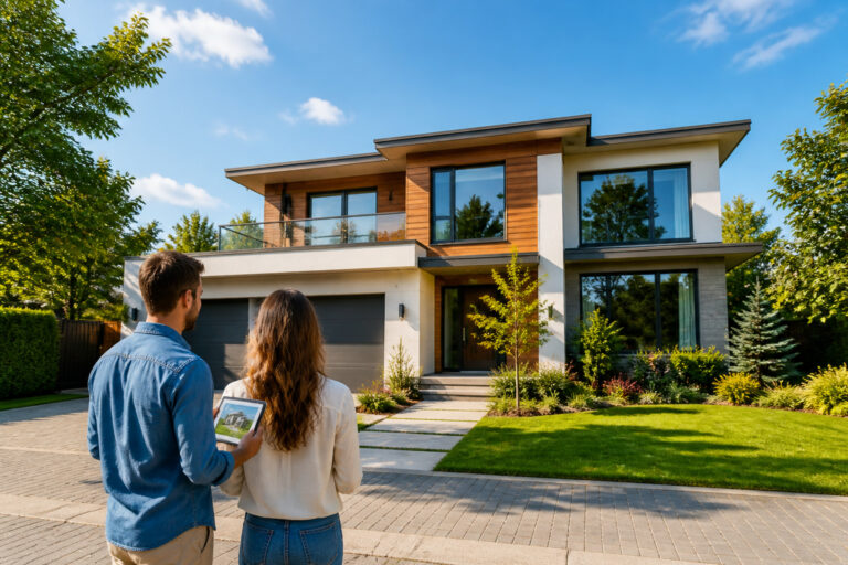 Couple futuriste devant leur maison moderne