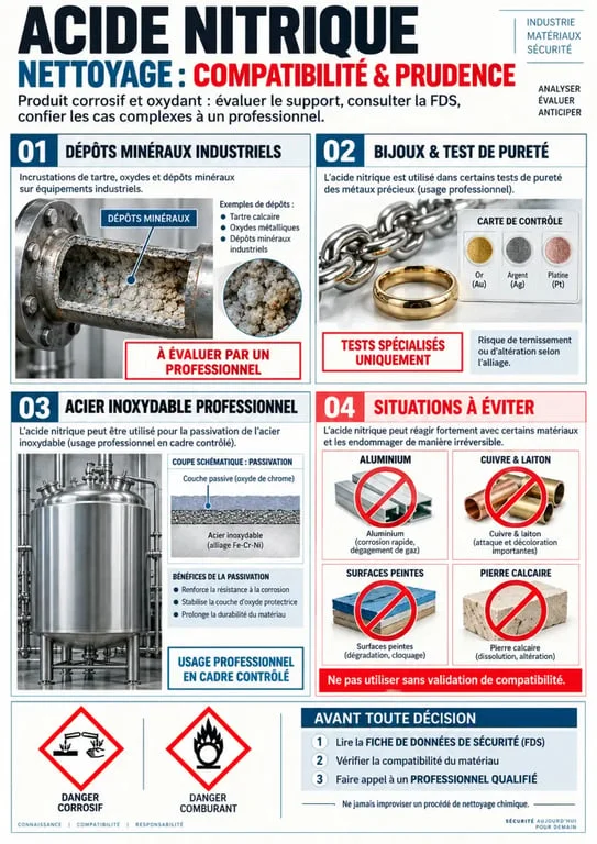 Infographie sur l’acide nitrique pour le nettoyage, les supports compatibles et les principaux risques
