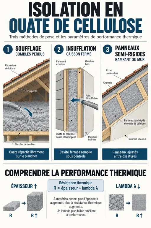 Infographie sur l’isolation en ouate de cellulose et ses principales méthodes de pose