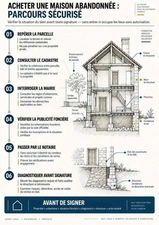 Infographie du parcours légal pour acheter une maison abandonnée