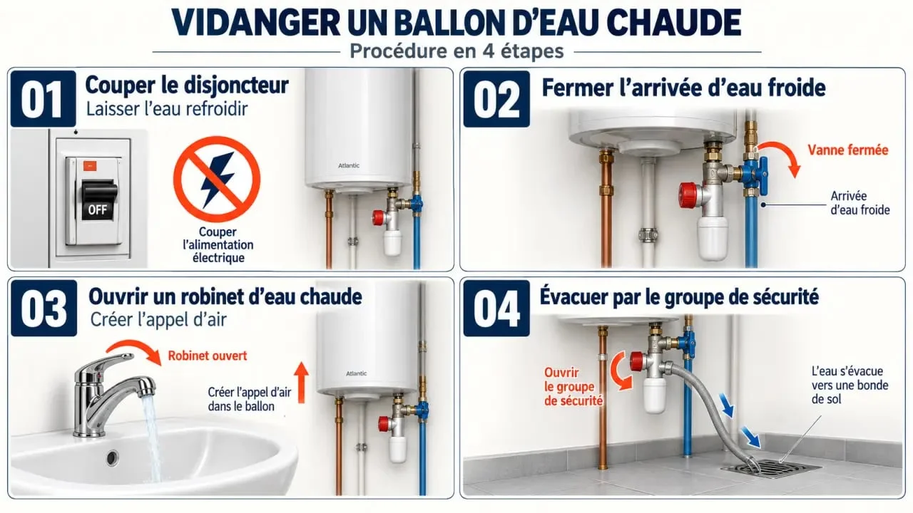 Comment vider un ballon d’eau chaude : illustration des étapes de vidange et de l’appel d’air