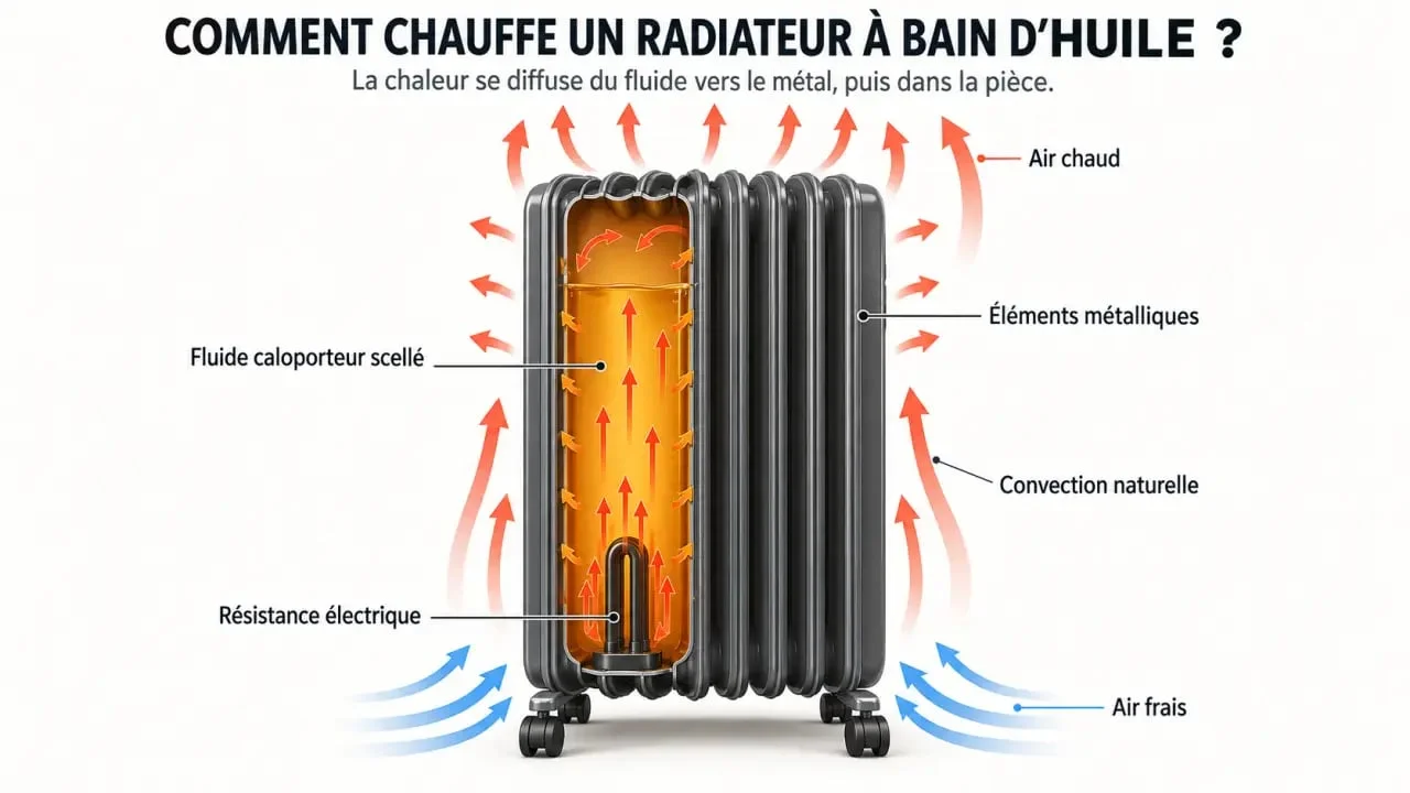 Fonctionnement d’un chauffage d’appoint bain d’huile avec fluide caloporteur et convection naturelle