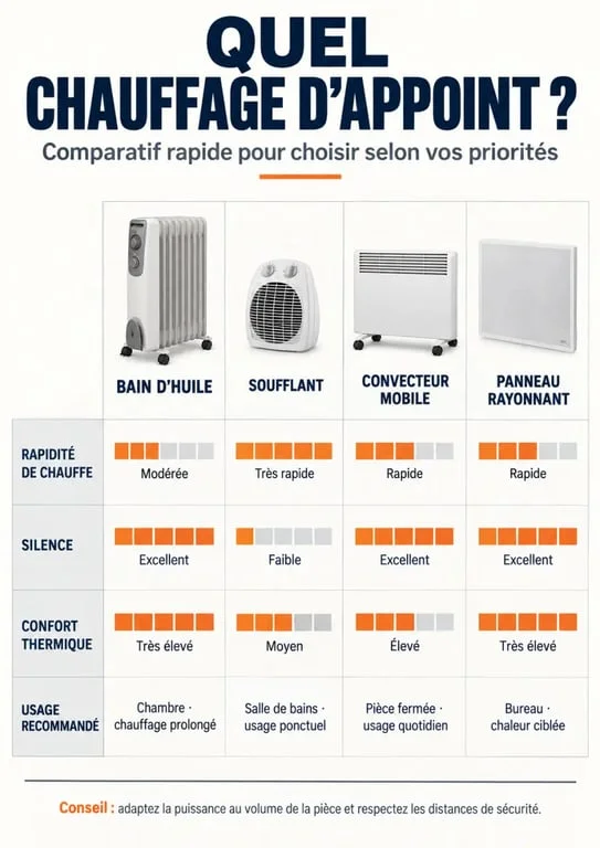 Comparatif du chauffage d’appoint bain d’huile avec un soufflant, un convecteur et un panneau rayonnant