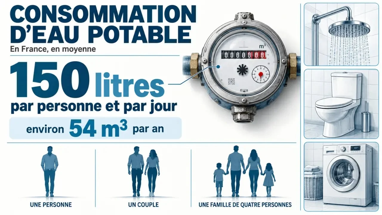 Infographie sur la consommation moyenne eau : 150 litres par jour et 54 m³ par an par personne