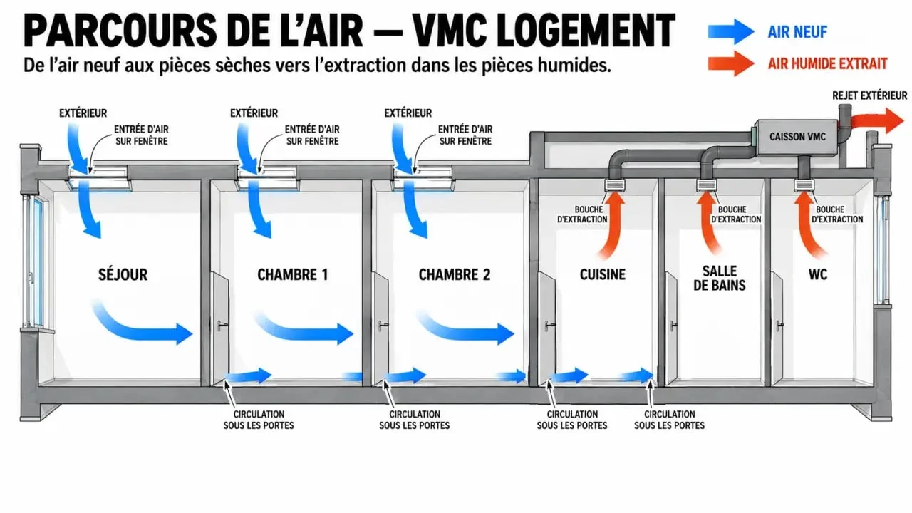 Schéma du parcours de l’air pour une installation VMC dans un logement