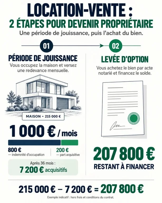 Infographie sur la location vente pour une maison, avec les deux phases, la part acquisitive et le solde à financer