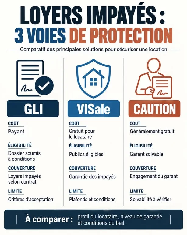 Infographie assurance loyer impayé comparant GLI, Visale et caution