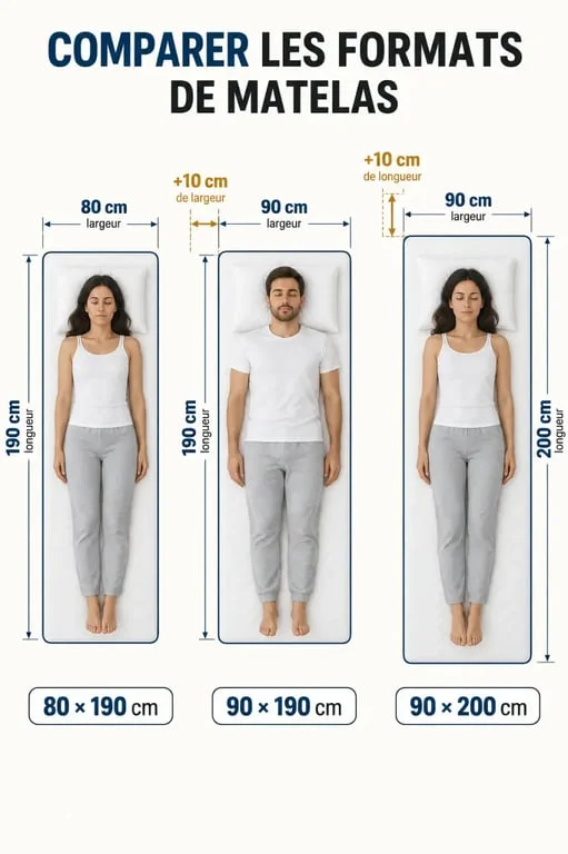 Infographie des dimensions d’un matelas 80x190 comparées aux formats 90x190 et 90x200