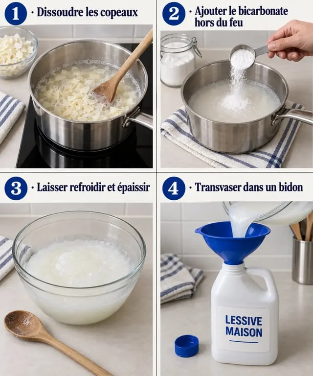 Étapes de préparation d’une lessive maison liquide, de la dissolution du savon au transvasement