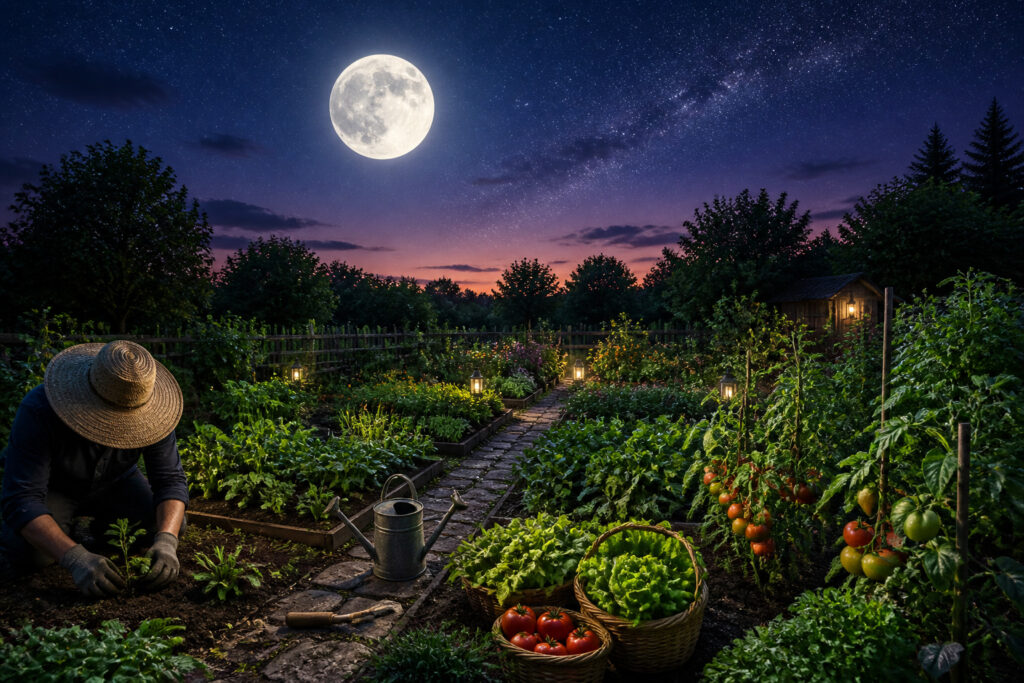 Jardin nocturne sous la pleine lune
