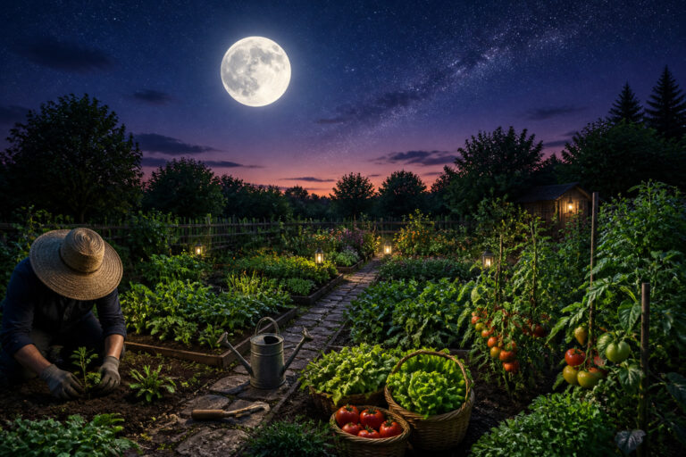 Jardin nocturne sous la pleine lune